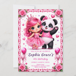 Pretty Pink Panda & Princess Birthday Invitation