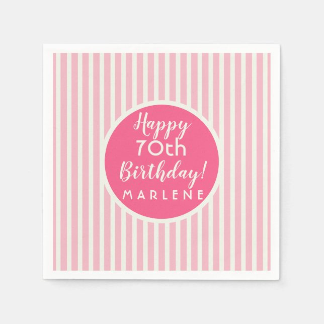 Pretty Pink Pastel Stripe 70th Birthday Napkin (Front)