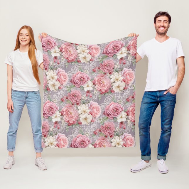 Pretty Pink Pastel Watercolor Floral & Lace Fleece Blanket (In Situ)