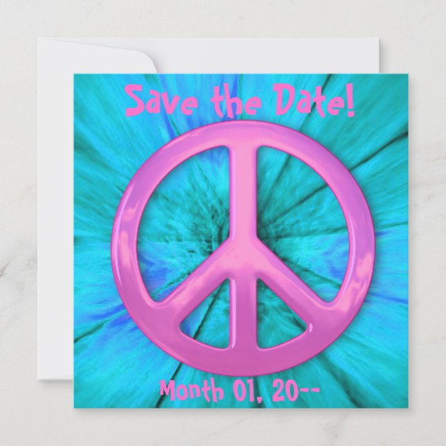 Pretty Pink Peace Sign Over Blue Abstract Explosio Save The Date (Front)