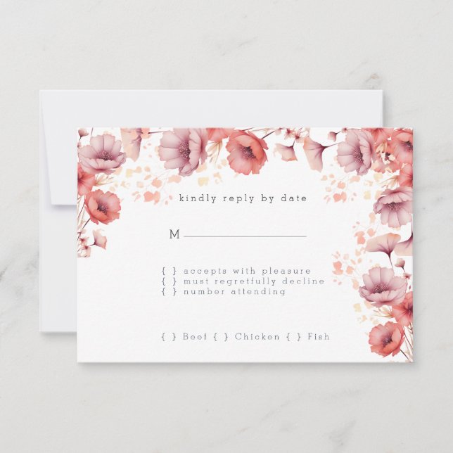 Pretty Pink, Peach Fuzz, Watercolor Wedding RSVP Card (Front)