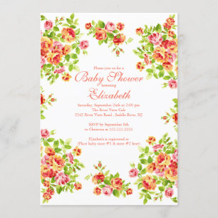 Pretty Pink Peach Rose Floral BabyShower Invitation
