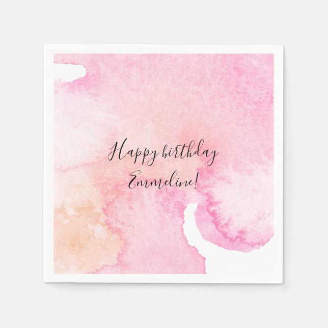 Pretty Pink Peach Watercolor Birthday Napkin (Front)