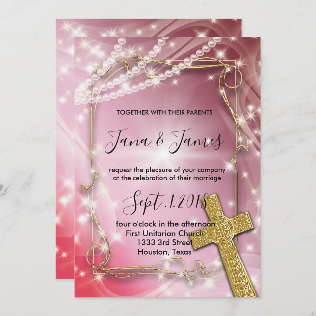 Pretty Pink Pearl Cross wedding Invitation (Front/Back)