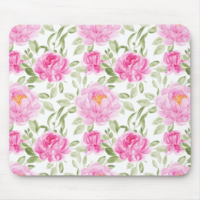 Pretty Pink Peonies and Greenery Floral Pattern Mouse Pad (Front)