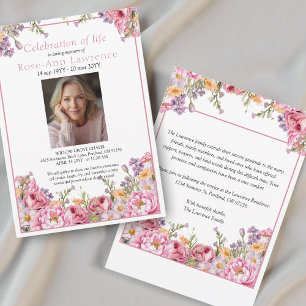 Pretty Pink Peonies Colorful Photo Funeral Invitation