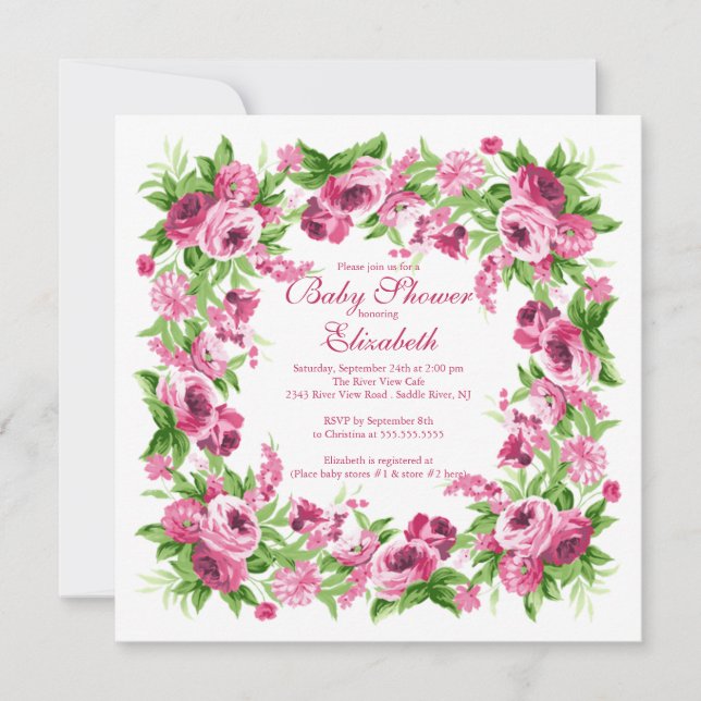 Pretty Pink Peonies Floral Girl Baby Shower Invitation (Front)