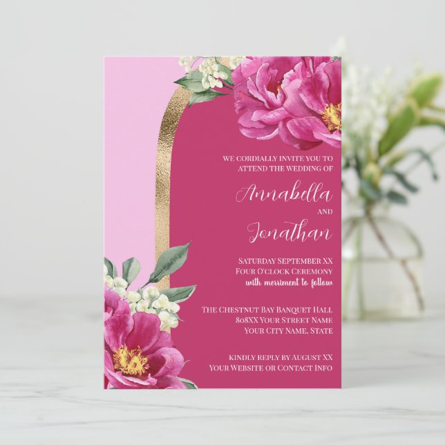 Pretty Pink Peonies with Gold on Pink Wedding Invitation (Standing Front)