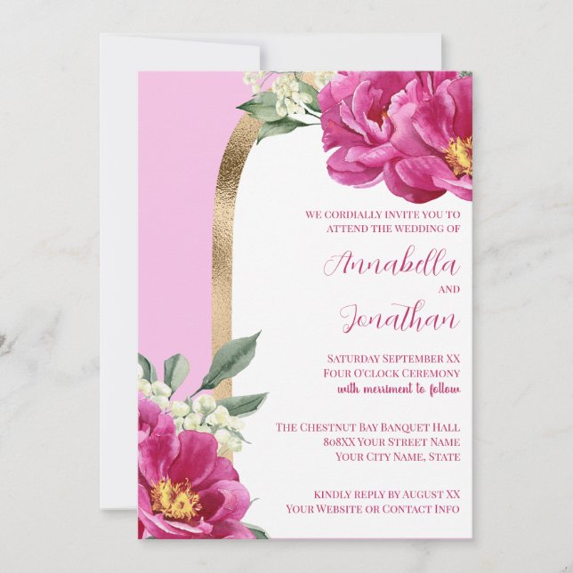 Pretty Pink Peonies with Gold on Pink Wedding Invitation (Front)