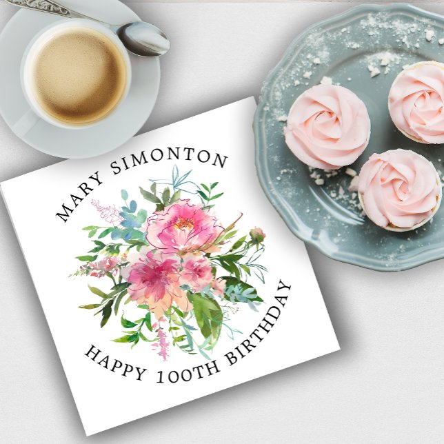 Pretty Pink Peony Floral 100th Birthday Napkin (Creator Uploaded)
