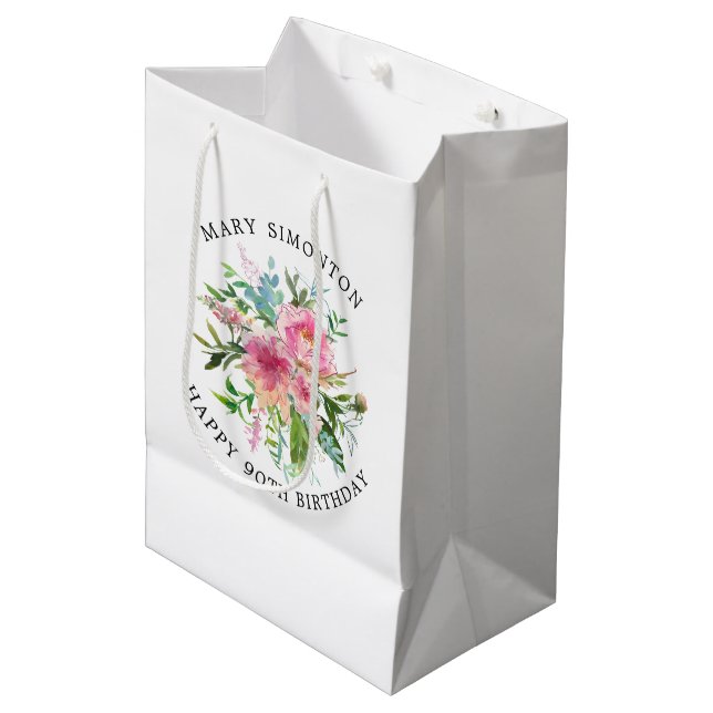 Pretty Pink Peony Floral 90th Birthday Medium Gift Bag (Front Angled)