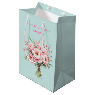 Pretty Pink Peony Flower Bouquet Birthday Medium Gift Bag