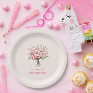 Pretty Pink Peony Flower Bouquet Birthday Paper Plate