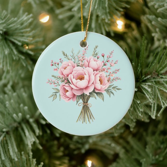 Pretty Pink Peony Flower Bouquet Ceramic Tree Decoration (Tree)