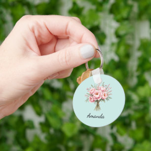 Pretty Pink Peony Flower Bouquet Key Ring