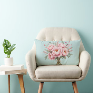 Pretty Pink Peony Flower Bouquet Lumbar Cushion