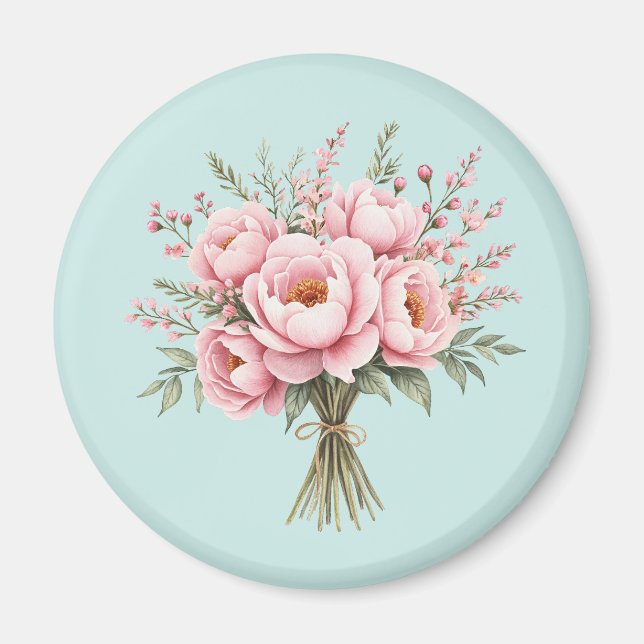 Pretty Pink Peony Flower Bouquet Magnet (Front)