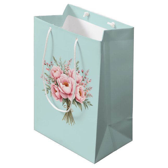 Pretty Pink Peony Flower Bouquet Medium Gift Bag (Front Angled)