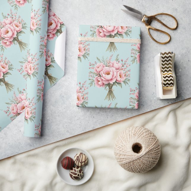 Pretty Pink Peony Flower Bouquet Pattern Wrapping Paper (Crafts)