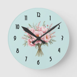 Pretty Pink Peony Flower Bouquet Round Clock