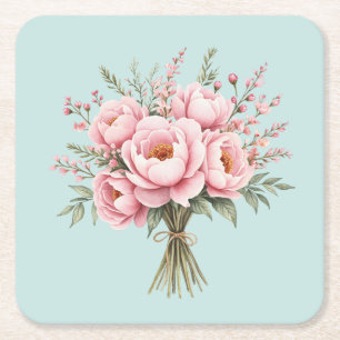 Pretty Pink Peony Flower Bouquet Square Paper Coaster