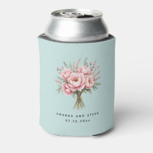 Pretty Pink Peony Flower Bouquet Wedding Can Cooler