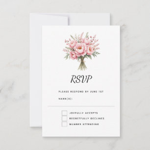 Pretty Pink Peony Flower Bouquet Wedding RSVP Card