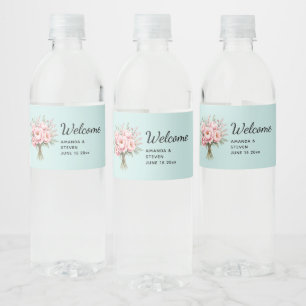 Pretty Pink Peony Flower Bouquet Wedding Welcome Water Bottle Label