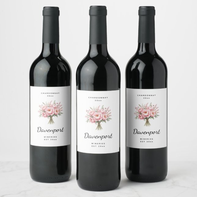 Pretty Pink Peony Flower Bouquet - Wine Making Label (Bottles)