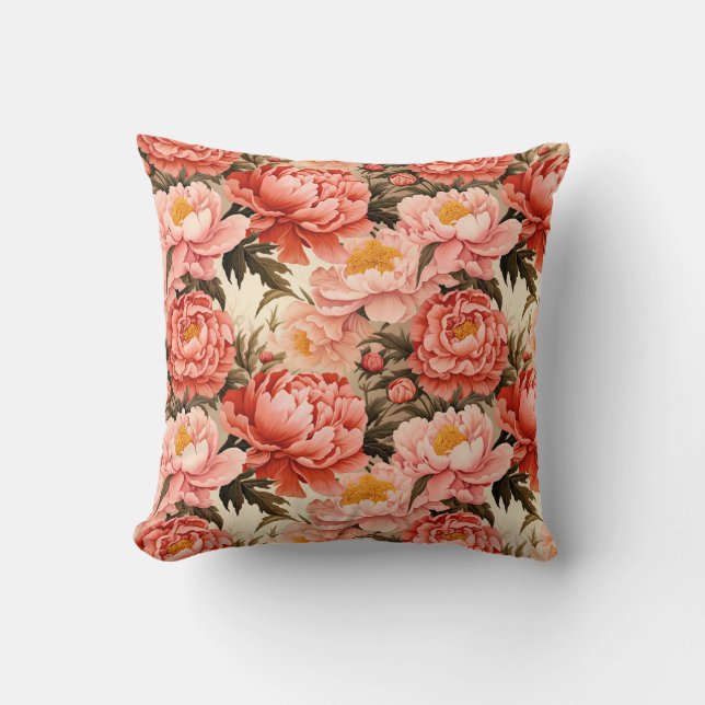 Pretty Pink Peony Vintage Floral Pattern Cushion (Front)