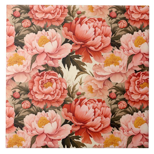 Pretty Pink Peony Vintage Floral Pattern Tile (Front)