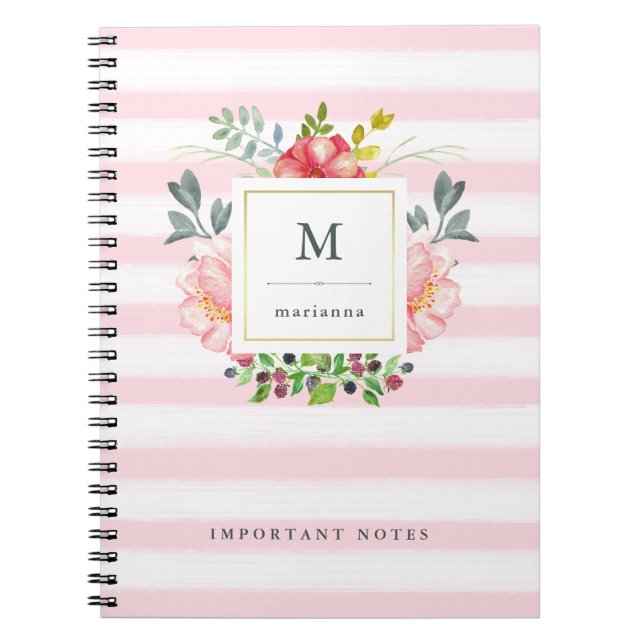 Pretty Pink Peony Watercolor Flowers with Stripes Notebook (Front)