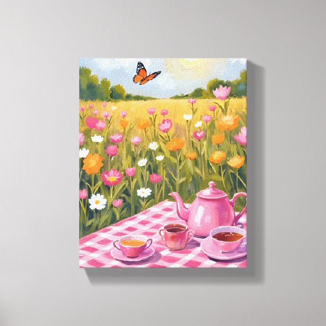 Pretty Pink Picnic | Flower Field Tea Butterfly Canvas Print (Front)