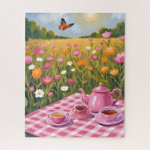 Pretty Pink Picnic Flower Field Tea Butterfly Jigsaw Puzzle