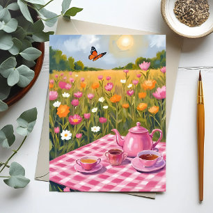Pretty Pink Picnic   Flower Field Tea Butterfly Postcard