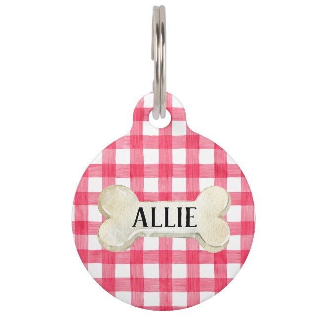 Pretty Pink Plaid Personalised Dog Pet Tag (Front)