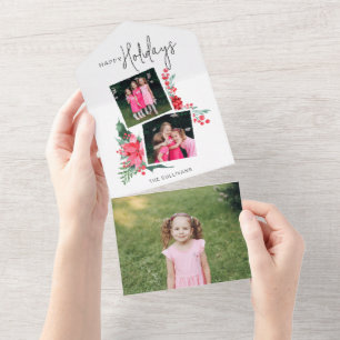Pretty Pink Poinsettia & Holly 2-Photo  All In One Invitation