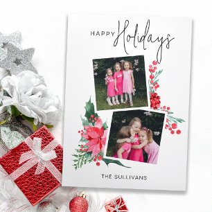 Pretty Pink Poinsettia & Holly 2-Photo  Holiday Card