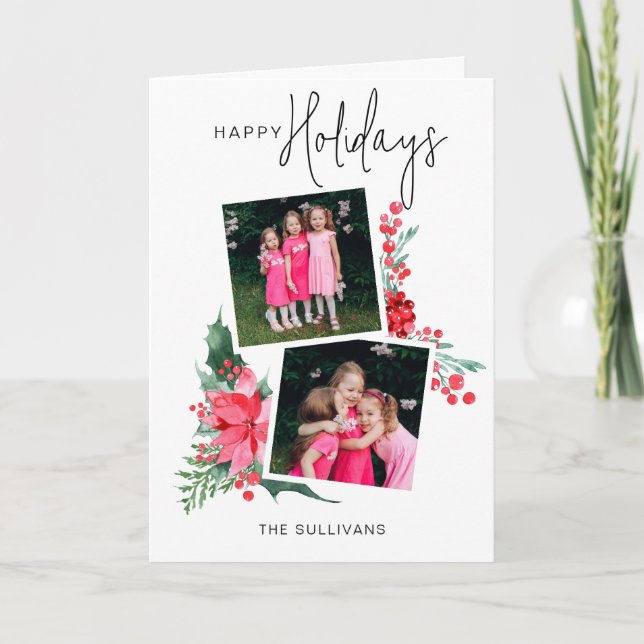 Pretty Pink Poinsettia & Holly 2-Photo  Holiday Card (Front)