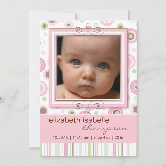 Pretty Pink Polka Dot & Stripes Baby Announcement (Front)