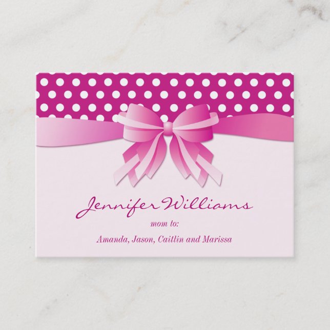 Pretty Pink Polka Dots and Bow Mummy Calling Cards (Front)