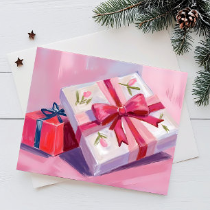 Pretty Pink Presents   Gift Celebration Painting Holiday Postcard
