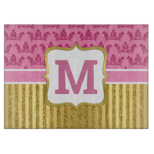 Pretty Pink Princess Crowns & Gold Glitter Stripes Cutting Board