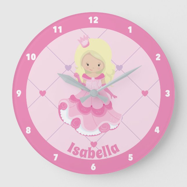 Pretty Pink Princess Custom Girls Bedroom Large Clock (Front)