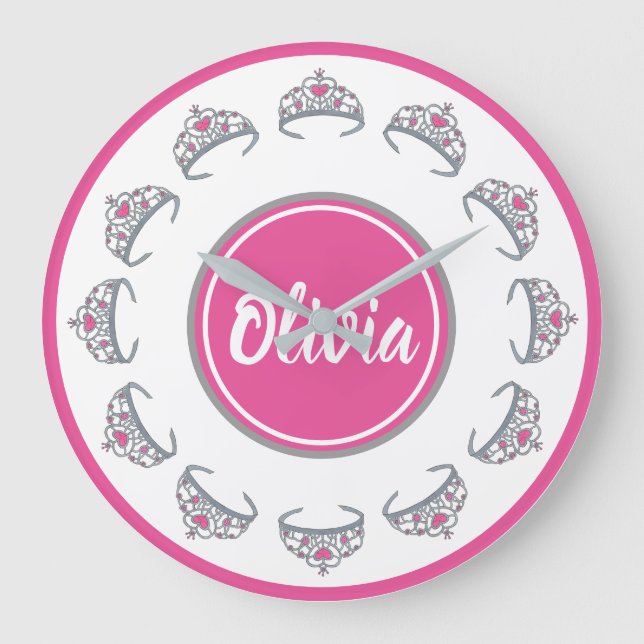Pretty Pink Princess Party Silver Tiara Crown Large Clock (Front)