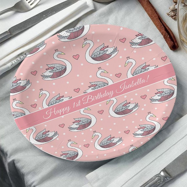 Pretty Pink Princess Swans Baby Girl 1st Birthday Paper Plate (1st birthday party idea: baby girl swan princess paper plates in blush pink)