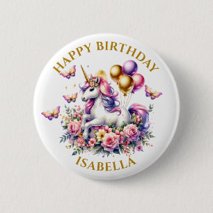 Pretty Pink, Purple and Gold Unicorn Birthday  6 Cm Round Badge