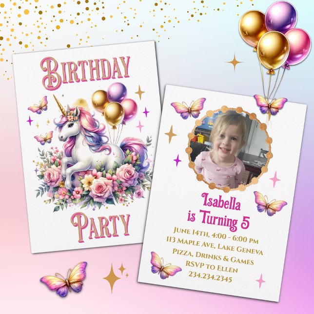 Pretty Pink, Purple and Gold Unicorn Birthday  Invitation (Creator Uploaded)