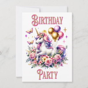 Pretty Pink, Purple and Gold Unicorn Birthday  Invitation