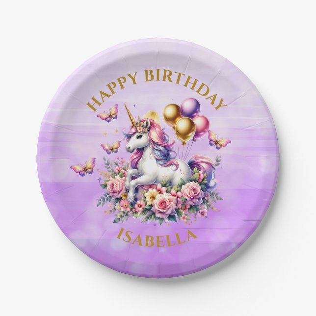 Pretty Pink, Purple and Gold Unicorn Birthday  Paper Plate (Front)